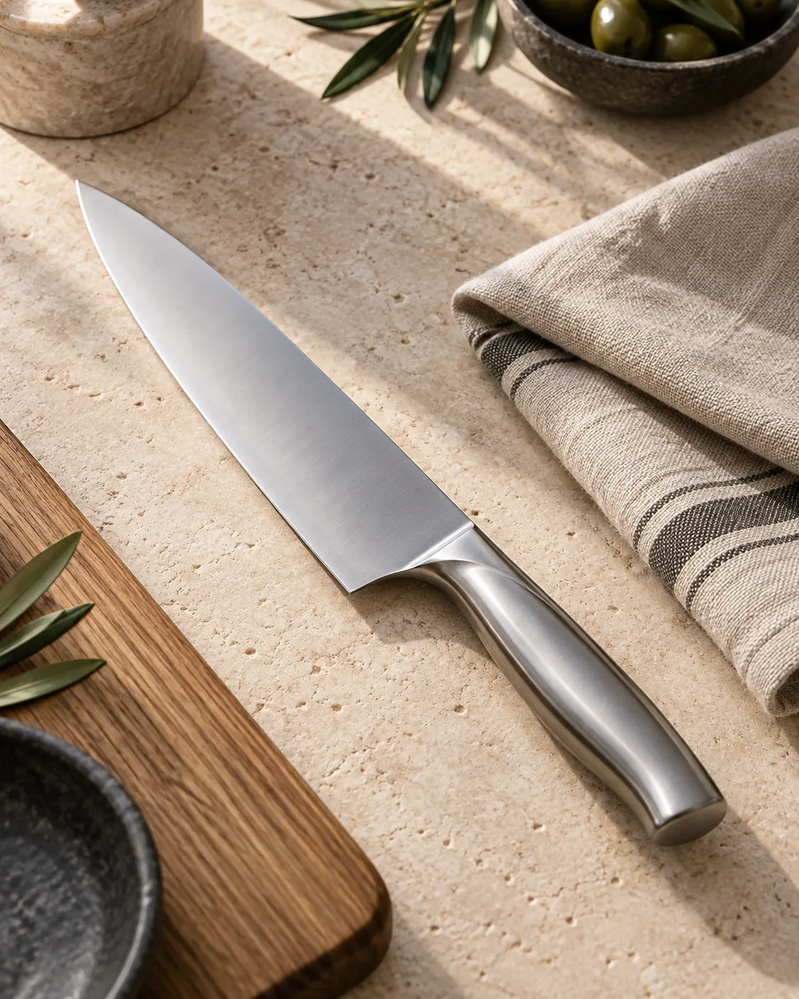 Couteau de chef en inox de 20 cm posé sur un plan en pierre