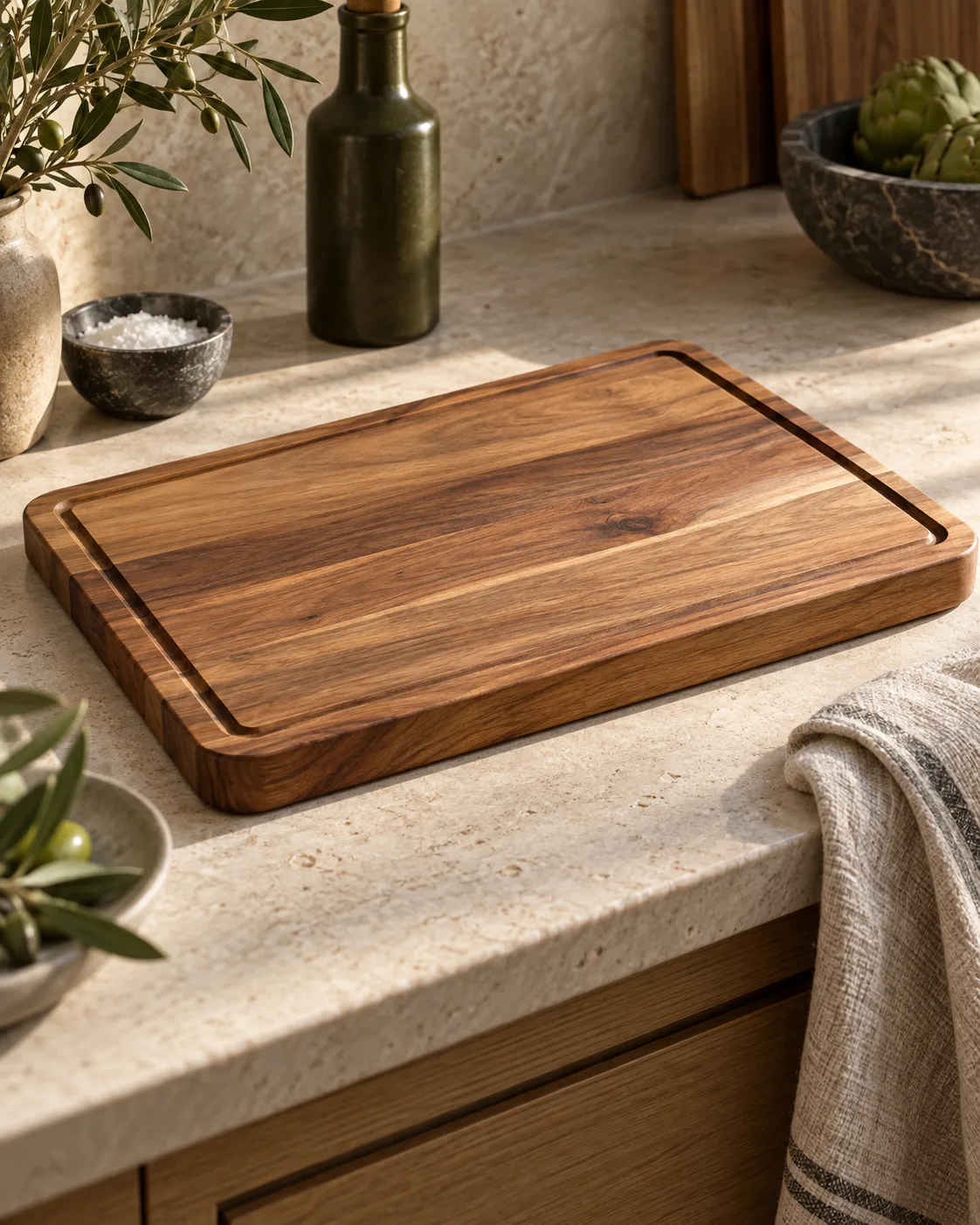 Grande planche à découper en acacia avec rigole sur plan de pierre
