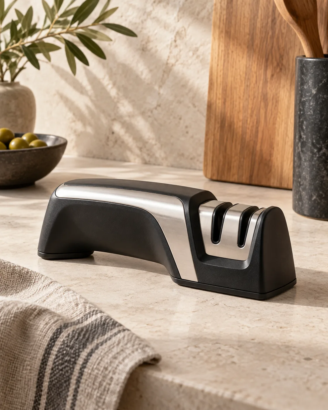 Aiguiseur de couteaux compact noir et inox à deux fentes