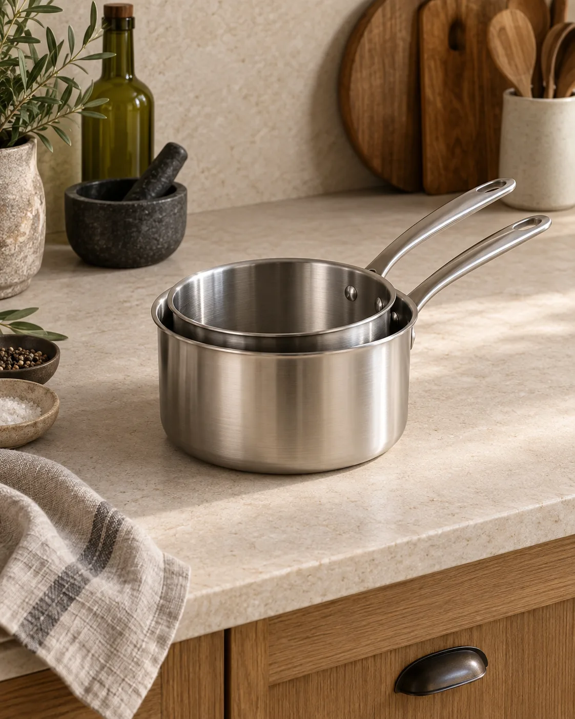 Deux casseroles en inox de 16 et 20 cm imbriquées
