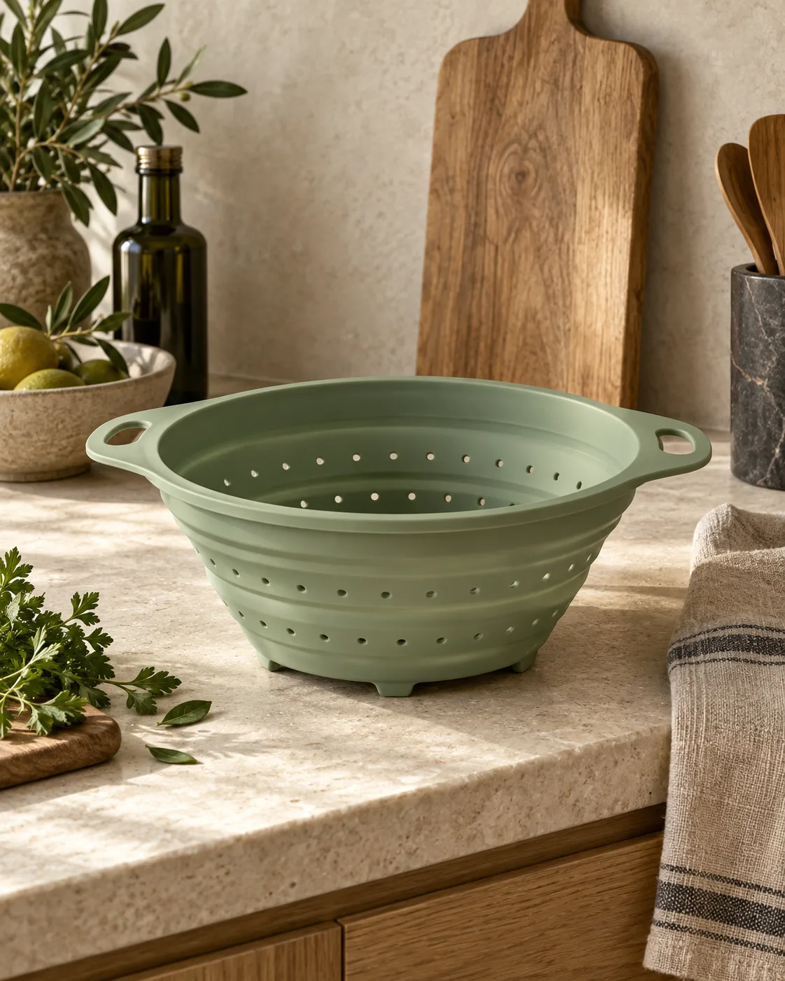 Passoire pliable en silicone vert sauge entièrement déployée