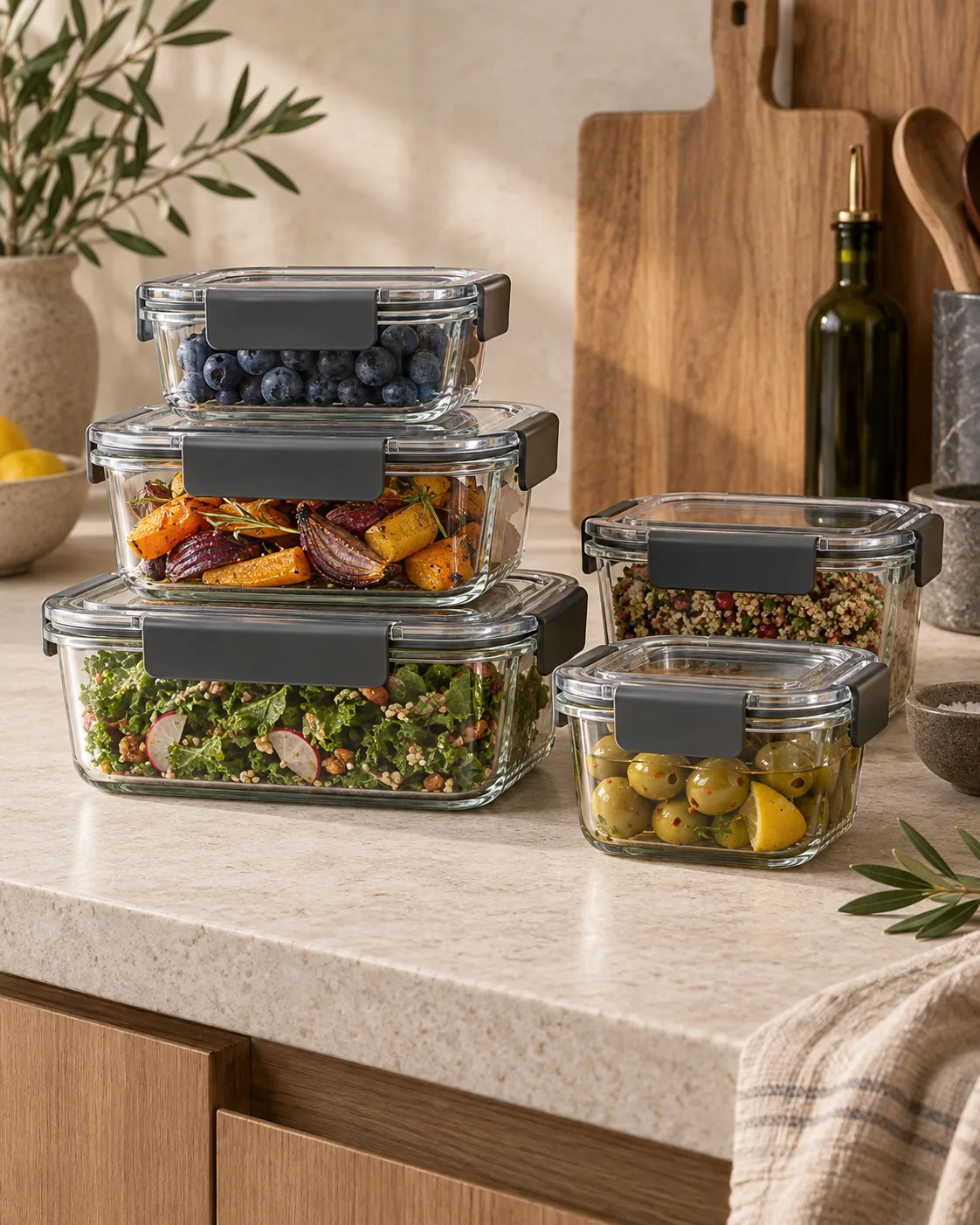Set de cinq boîtes alimentaires en verre avec couvercles à clips