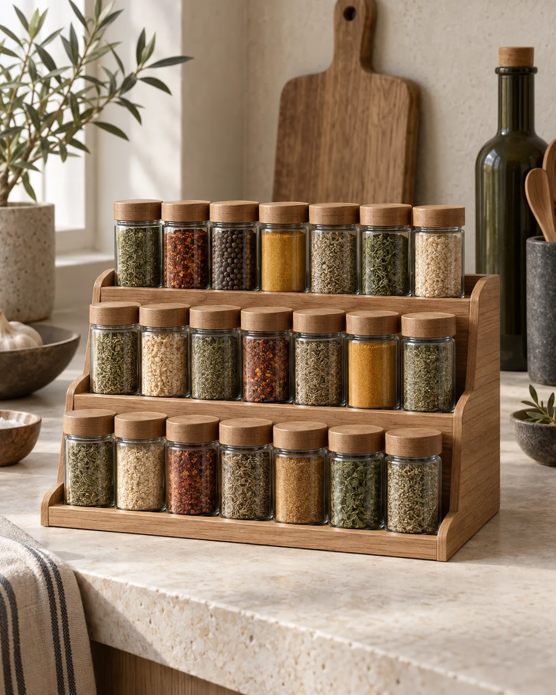 Organiseur à épices à trois niveaux avec pots en verre