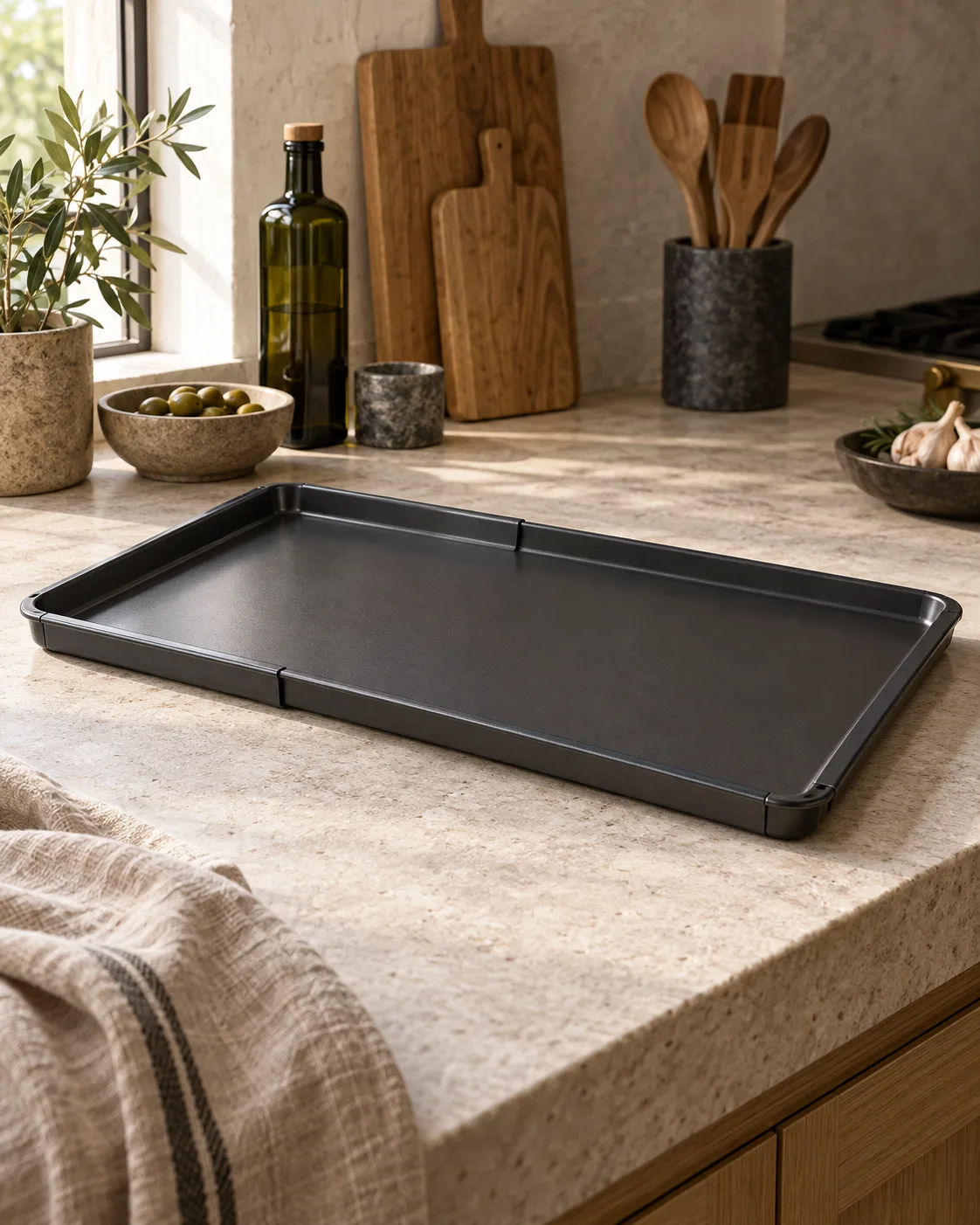 Plaque de four sombre extensible avec rebords sur un plan en pierre