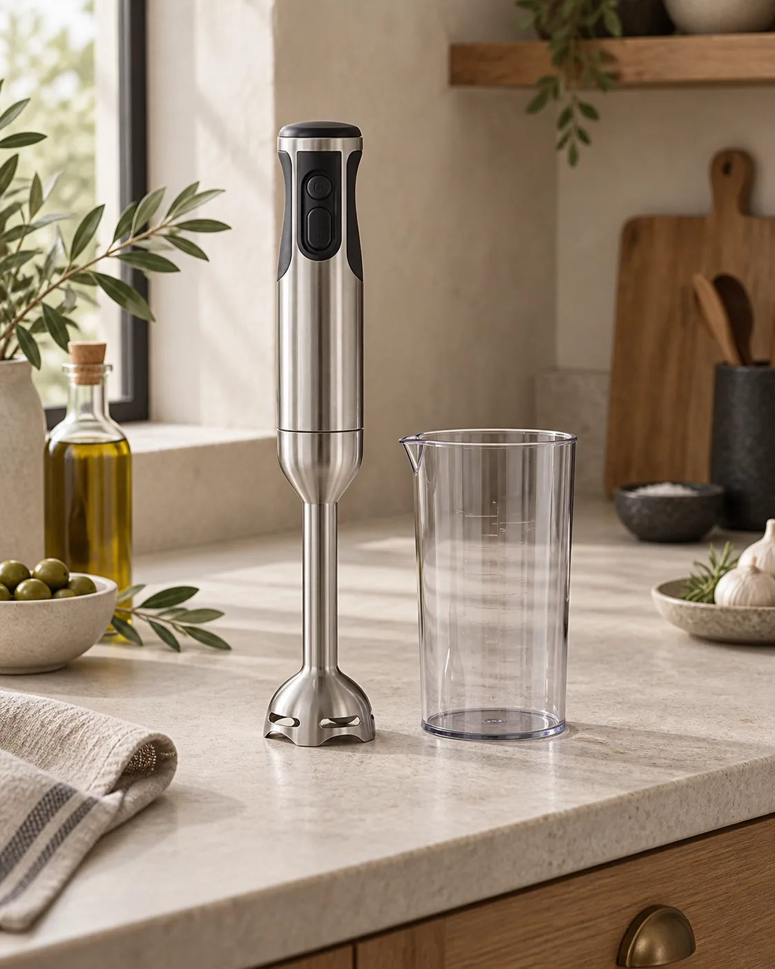 Mixeur plongeant en inox présenté avec son verre doseur