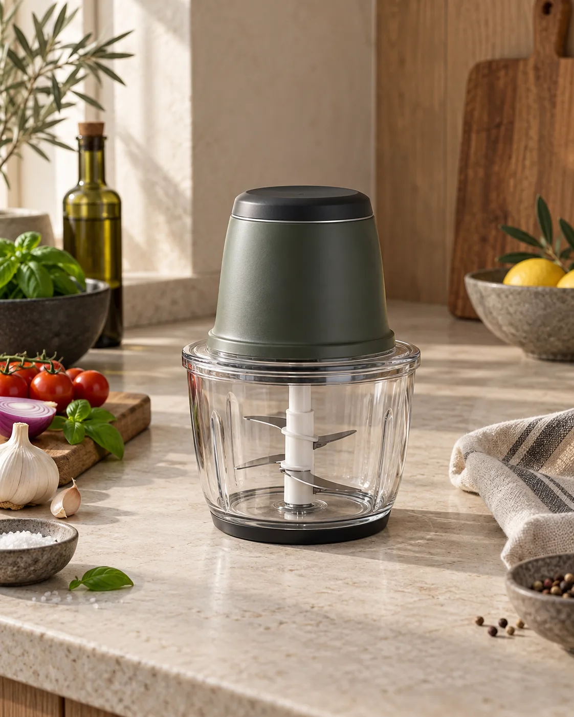 Mini-hachoir électrique compact avec bol transparent en verre