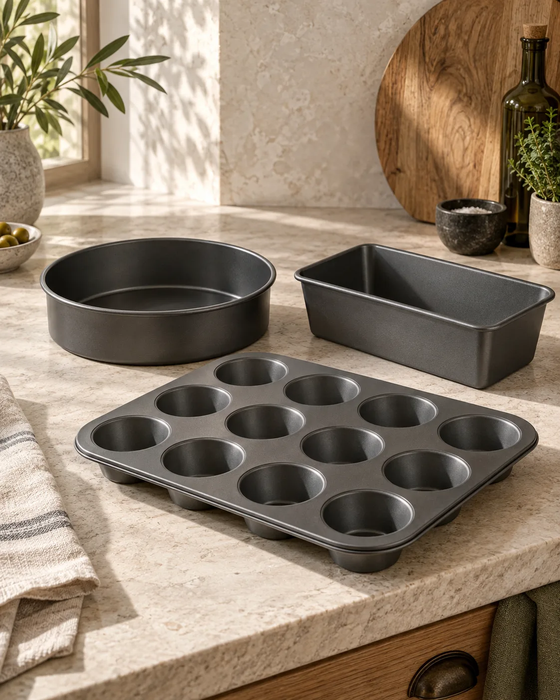 Trois moules à pâtisserie : rond, cake et douze muffins