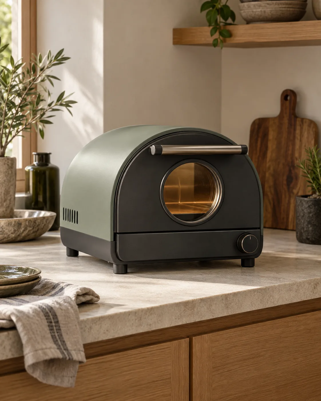 Four à pizza électrique compact vert sauge et charbon avec hublot rond