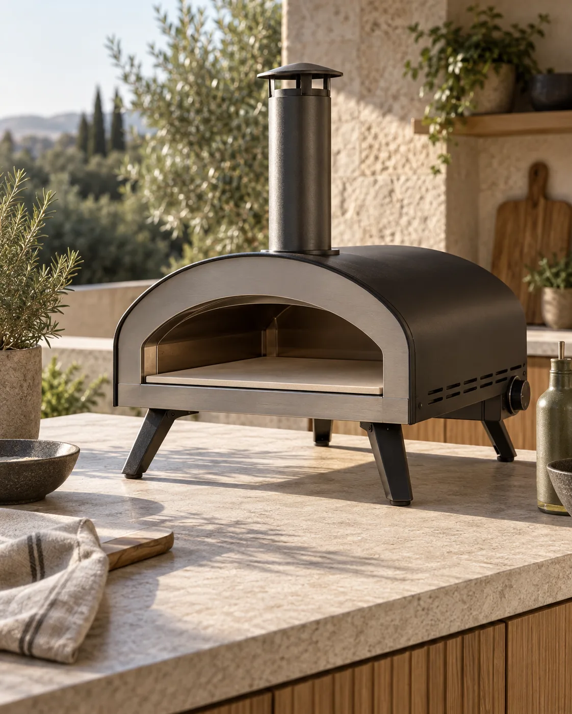 Four à pizza gaz extérieur noir avec voûte, cheminée et pierre de cuisson