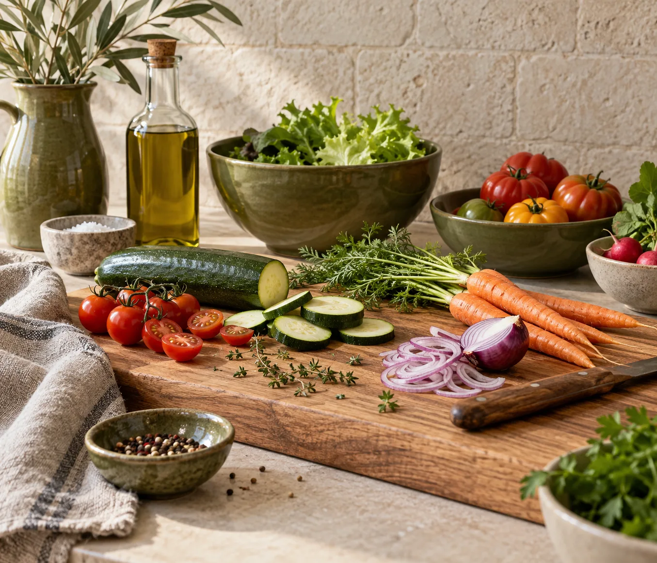 Préparation de légumes frais sur une table en bois